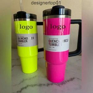 STANLEINT NEON GIALLO Giallo Tumbler rosa elettrici con manico Coperchi di bicchieri in acciaio inossidabile isolato e tazze da viaggio per auto in paglia per auto