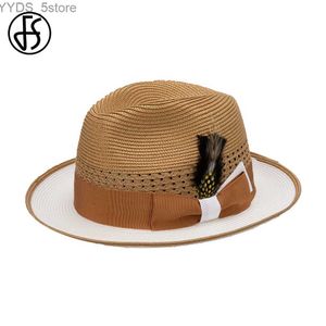 Wide Brim Hats Bucket FS 2024 Spring/Summer khaki mens denim hat with feather decoration curly Jazz Panama gentlemens black yq240407