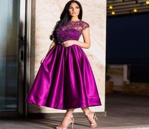 Pearls Beaded Short Prom Dresses 2021 Arabic Cap Sleeves Purple Simple Satin Cocktail Party Gown Ankle Length A Line Homecoming Dr7515626