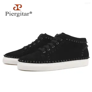 Sapatos casuais piergitar manual vaca camurça tênis com panos de metal preto mocassins esportivos esportes de cor branco