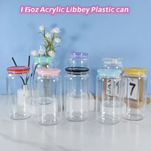 Acrylic 16oz Libbey Plastic Can with Straw for Vinyl UV DTF Sticker Summer Drinkware Mason Jar Juice Cup 0407
