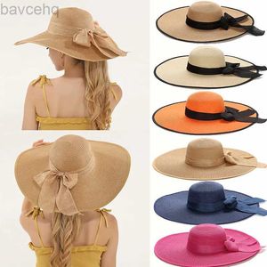 Wide Brim Hats Bucket Hats 15CM Wide Brim Beach Straw Hats For Women Simple Foldable Summer Outing Sun Hat Fashion Flat Brom Bowknot Uv Protection Panama 240407