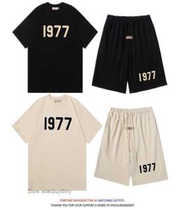 1977 Mensu-trajes impressos Terno esportivo casual de rua High Street Loose Manga curta Menina de moda masculina e feminina Shorts3034590