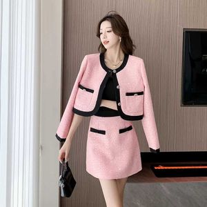 Vestido de duas peças feminino jacquard tweed elegante e exclusivo capa e saia de 2 peças se lantejous de lantejoulas rosa y2k clowingc240407