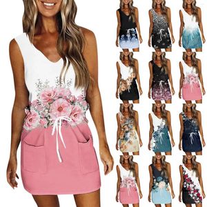 Abiti casual Summer Summer Drendress Drenpe Abito da maniche stampato con tasche Slim Type Elegante Temperamento Vestidos De Fiest