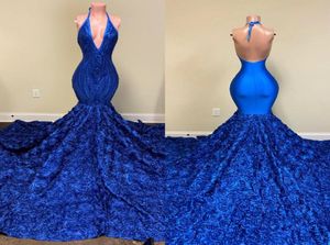 2020 Royal Blue Evening Dresses Halter Backless Appliques Rose Flowers Sexy Mermaid Prom Dress Custom Made Formal Party Gowns2884424