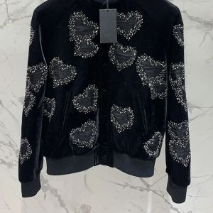 2024 Winter New Women's High Quality Black Baseball Suit Embroidered Single Chest Heart Studded Bead Loose Jacket Coat