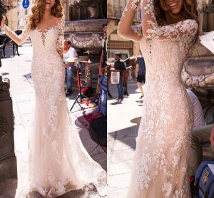 Dresses Nude Ivory Lace Berta Wedding Dresses 2023 New Designer Illusion Long Sleeve Sheer Neckline See Though Back Mermaid Bohemian Weddi