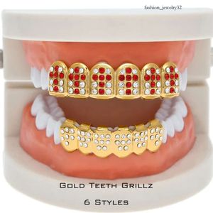 Party Cosplay Hiphop Accessories CZ Crystal Bio Copper Gold Teeth Grillz Caps Top Bottom With Red Black Cross Charm Grill Sets Tooth Socke