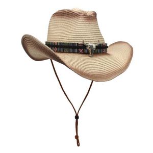 Breda randen hattar hink western cowboy hatt tibetansk stil topp damer roll cowgirl cap jazz openwork halm tjur huvud etnic för kvinnor män q240403