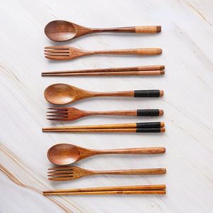 Dinnerware Sets 1Pairs Chopstick Spoons Fork Handmade Japanese Natural Wood Chopsticks Spoon Set With Gift Pocket Bamboo Drop