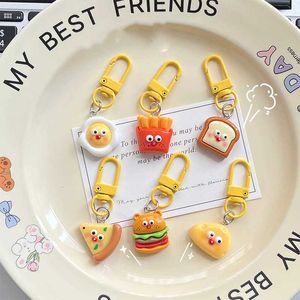 Keychains Lanyards Cute cheese french fries bread dipped in eggs hamburger pendant resin keychain student couple personality bag car jewelry Q240403