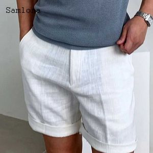 Erkek Şort Erkek Retro Bohem Pamuk Keten Şort 2024 Avrupa Sıradan Plaj Şortları Crossover Pants Saf Beyaz Khaki Drawstring Sıcak Pantolon J240407
