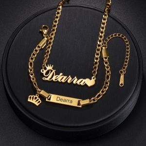 Custom Engrave Childrens Name Bracelet 35cm Necklace Stainless Steel Jewelry Sets for Kids Baby Personlized Crown Birthday Gift 240401