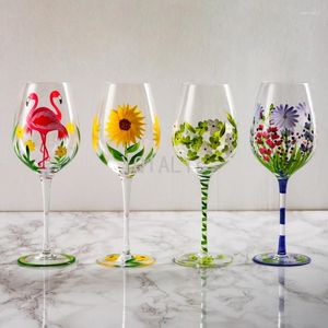 Wine Glasses Trend 400-800ml Creative Hand Painted Goblet Sunflower Tulip Flamingo Rose Pattern Red Cup Home Bar Restaurant Drinkware