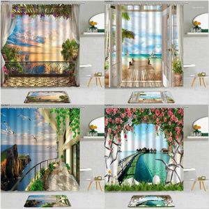 Shower Curtains 2Pcs Beach Ocean Sunset Scenery Curtain Tropical Plants Flowers Deagulls Bathroom Non-Slip Bath Mat Hanging Set