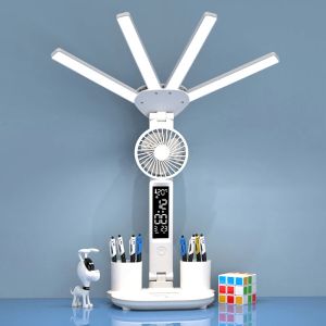 Relógios Relógios recarregam a lâmpada de mesa para estudo, lâmpada de mesa Leitura de luz LED leve com ventilador, lâmpada de leitura por disputa de relógio LED