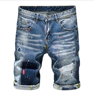 Men's Shorts High quality mens blue denim shorts hole shorts jeans new mens street clothing elastic jeans shorts Srtai Fit jeans J240407