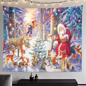 Tapestries Nordic Christmas Tapestry Bedroom Home Fireplace Background Cloth Santa Claus Elk Snowscape Wall Hanging Carpet Decor