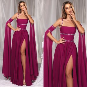 Süße Fuchsia -Abendkleider elegante Perlenbänder lange Ärmel Abschlusskleid geteilte Chiffon Formale Kleider für Frauen