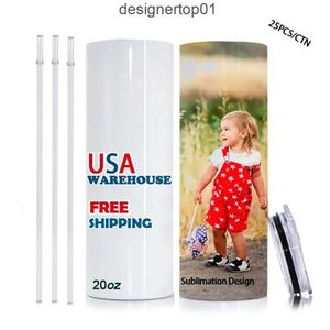 Stanleliness US CA Warehouse Ready to Ship 20oz Stainless Steel Mugs Sublimation Blanks White Straight Slim water Bottles Insulated Tumblers With Plastic Stra G207