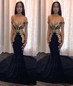 African Mermaid Black Prom -klänningar Långa guldapplikationer Elegant Off Shoulder Custom Black Girls Evening Gowns Celebrity Runway Dres8847462