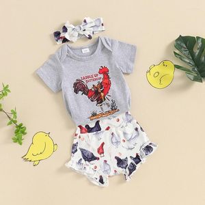 Kleidungssets Baby Girl Farm Outfits Hühnerdruck Kurzarm Strampler Ruffen Shorts STECKBEL SEIT
