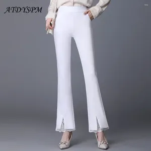 Women's Pants Fashion White Women Chic Lace Stitching Split Flare Vintage Korean Style Office Lady Straight Trousers Womens