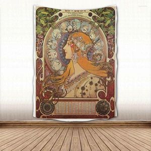 Tapestries Beautiful Alphonse Mucha Tapestry Wall Hanging Fabric Art Home Decoration Sleeping Pad Carpets Dorm Decor