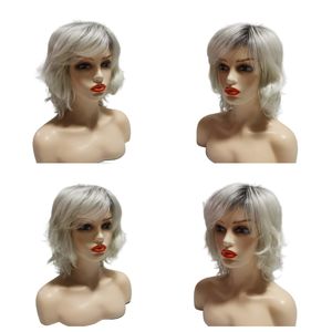 Short Wigs Women Curly Hair Like Human wigs Silver Dark roots Natural back warping Skew bang Heat-resistant chemical fiber Wigs for everyday wear Romance Weave