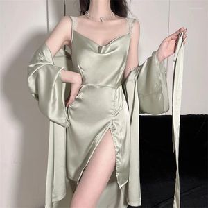 Ev Giyim İlkbahar Yaz Kimono Batrobe Elbise Kadın Düğün Çöp SE Seksi Patchwork Dantel Nightgown Gloos Saten Elbise Salonu Giyim