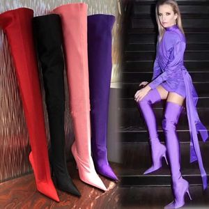 Womens Elastic Knee High Boots with Pointed Head Super Heels and Thin Satin Heels Slim Legs Long Tube Catwalk Large Socks