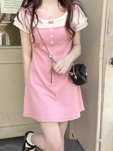 Houzhou Sweet Kawaii Pink Dress Women Fake Twopiece Patchwork Sexy Slim Mini Dresses Short Sleeve Korean Fashion Sundress 240407