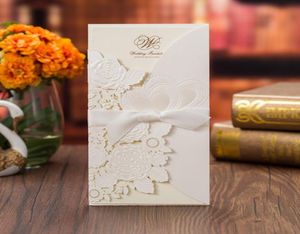 2020 New Luxury Love Heart Wedding Invitation Cards Personalized Laser Cut Flower Invites with Bow Knot Ribbon2455941