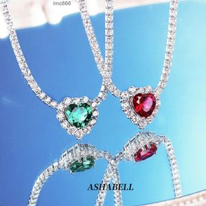 Luxury 925 Sterling Silver Ice Out Diamond Tennis Chain Shinny Zircon Big Ruby Emerald Heart Charm Wedding Necklace