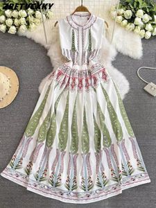 Sukienki swobodne kobiety bez rękawów sukienka wakacyjna letnia moda diamentów koraliki okrągły szyję plisowane kwiatowe nadruk długie szaty