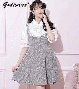 Sweet Womens Short Dress Lace Collar Medive Sleeve Slim High Girls Japanese Girls Spring Summer Falso due pezzi 240407