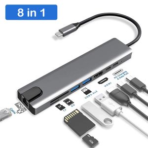 Nav USB Type C -nav till 2 HDMICompatible Dual Monitor med Gigabit RJ45 USB -nav PD 3,5 mm SD/TF USBC Data Transmission Adapter