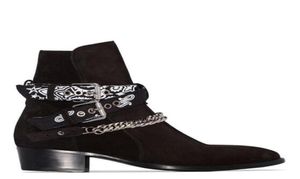 브랜드 새로운 남자 ami ri bandana strap buckled alkle boots 검은 가죽 스웨이드 다중 두건 프린트 사이드 벅들 스트랩 신발 2901322