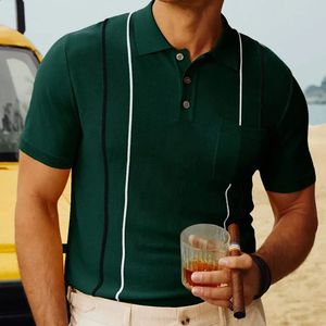 Sommerkleidung Herren Luxus gestrickt Polo Shirt Patchwork Casual Striped Buttondown Solid Color Short Sleeve Fashion Strickwear 240403