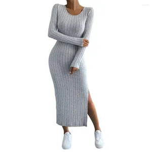 Casual Dresses Sexig klänning för kvinnor 2024 Stickad lång ärmlös Slim Ribbed Stick Bodycon Korean Office Vestidos