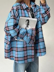 Kvinnor Retro Bluses Blue Plaid Shirt Street Casual Tops 240407