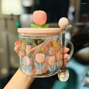 ワイングラス470mltulipガラスカップIns wind lid with lidspoonかわいい女の子のハートストロー朝食カップマグカップマグカップ