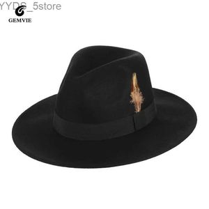 Geniş Memlu Şapkalar Kova Erkek Yün Üçgen Şapka Fedora Partisi Etkinliği Sıcak Kıta Düzenli Panama Tüy Dekorasyon Black Yq240407
