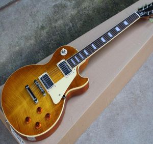 Custom 1959 R9 Flame Maple Top Amber brauner E -Gitarrencreme Körper Bindung Ein Stück Hals No Schal Gelenk kleiner Pin Ton PR4970044