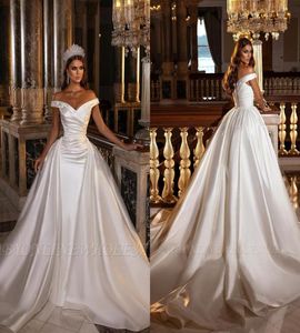 Modest Satin Mermaid Wedding Dresses With Detachable Sweep Train Elegant Off Shoulder Beaded Cyrstals Corset Back Bridal Gowns Ves9262732