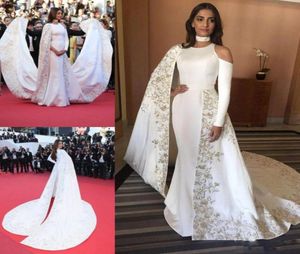 runway fashion Embroidered evening dresses white cape style long sleeves evening gowns sweep train prom party dress custom made3665255