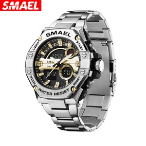 2023 Ny legeringsstål Stål Strip Dual Display Electronic Watch for Men's Watertproof Alarm Clock med flera funktioner