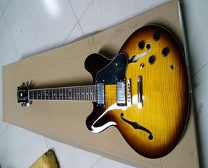 Anpassad butik 50 -årsjubileum 335 Vintage Sunburst CS Semi Hollow Body Jazz Electric Guitar Flame Maple Back Dot Inlays Chrome HA8262714