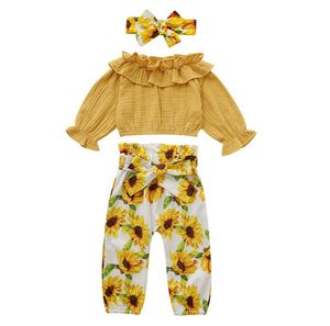 FocusNorm Herbst 14 Jahre Kleinkind -Baby -Mädchen Rüschen Tops T -Shirt gelbe Sonnenblumenhose Stirnband 3 Teile Fall Outfits 2010178969513